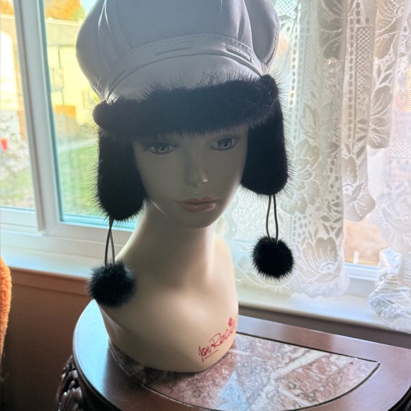 Black Mink Fur Hat&  White lambskin genuine leather main image 14